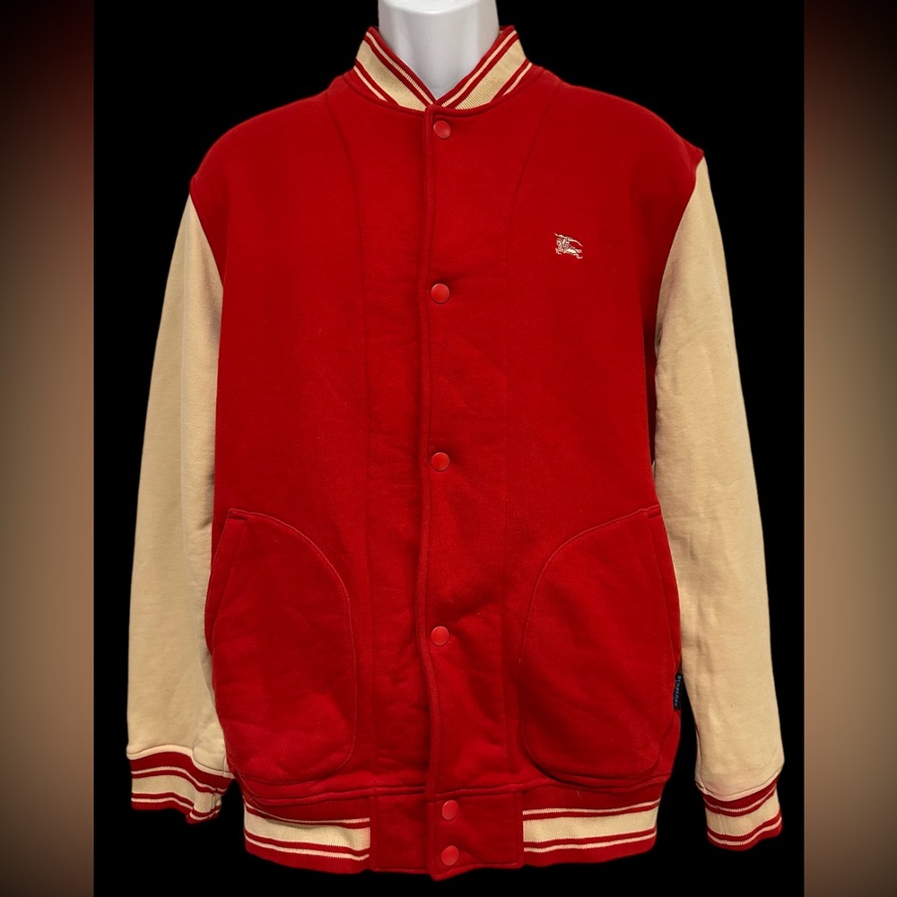 Burberry Blue Label Men’s Varsity Jacket Red‎ Beige Snap Embroidered Logo M/L